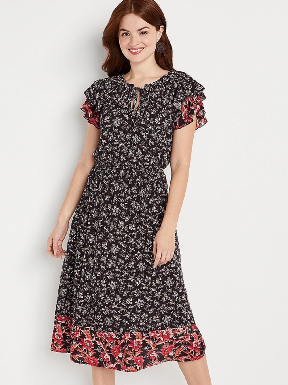 Floral Ruffle-Sleeve Midi Dress in Black and Red